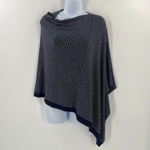 Eileen Fisher Minimalist Stripe Poncho OS Navy Gray Lagenlook Knit Topper